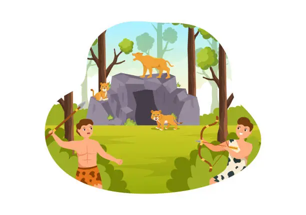 Vector illustration of Prehistoric Stone Age Tribes Hunting Large Animals with Weapon in Flat Cartoon Hand Drawing Template Illustration