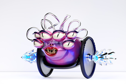 Angry pink cartoon monster with a huge number of eyes, a dangerous weapon - a stinger on wheels ready to attack on a white background.  3d illustration
