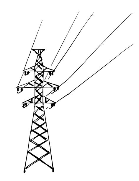 prosta ręcznie rysowana czarna ilustracja wektorowa. słup elektryczny, przewody. linia transmisyjna. szkicuj atramentem. - isolated telephone construction white background stock illustrations