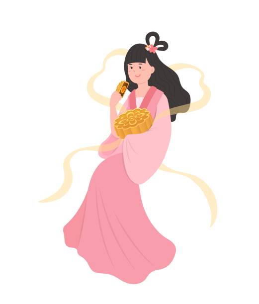 月餅と中国のドレスを着た美しい女性、中秋節の妖精、伝説と物語、伝統的なアジアの祭り - chinese god点のイラスト素材／クリップアート素材／マンガ素材／アイコン素材