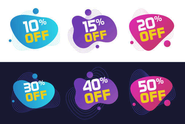 Discount offer sale icon badge label vector or abstract price off percentage coupon and special deal bubble fluid liquid shape design, 10 15 20 30 40 50 clearance tags promo red blue purple sign image vector art illustration