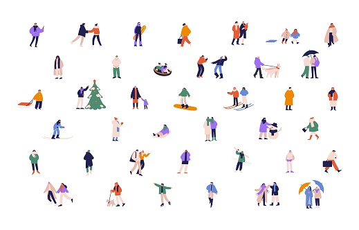People on winter holidays set. Active characters during wintertime fun, entertainments. Couples, families and kids skating, skiing, walking. Flat vector illustrations isolated on white background.