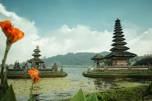 Pura Ulun Danu Bratan temple with flower in Bali, Indonesia.