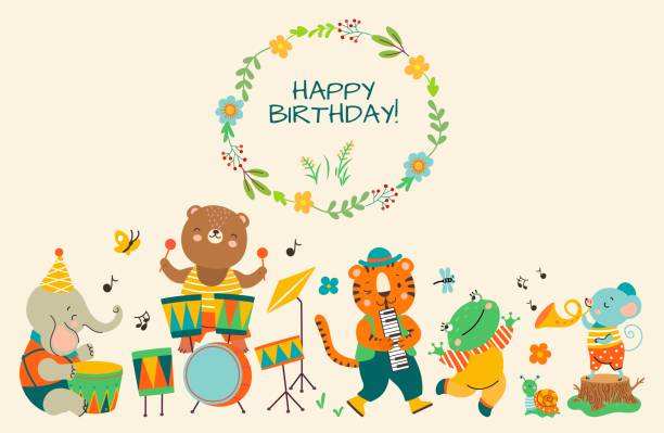 ilustrações de stock, clip art, desenhos animados e ícones de birthday party cute jungle animal banner. music celebration animals, holiday background. bear tiger elephant play musical instruments, nowaday children vector characters - parade rest