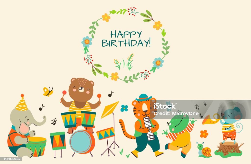 Birthday Party Cute Jungle Animal Banner Music Celebration Animals Holiday  Background Bear Tiger Elephant Play Musical Instruments Nowaday Children  Vector Characters Stock Illustration - Download Image Now - iStock