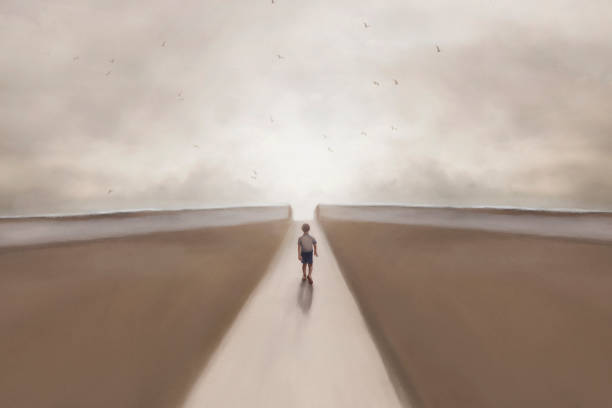 surreal illustration of a boy walking down the chosen road, concept of freedom and life vector art illustration