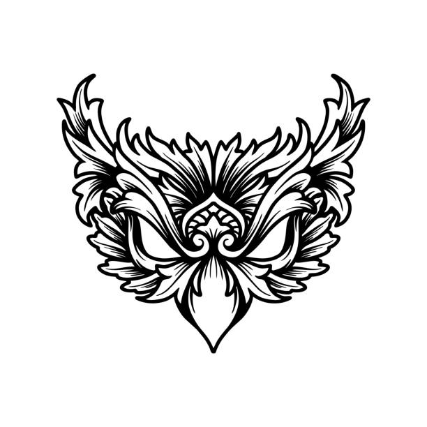 Owl Mask Ornament Monochrome Owl Mask Ornament Monochrome vector illustrations for your work logo, merchandise t-shirt, stickers and label designs, poster, greeting cards advertising business company or brands background of a owl black and white stock illustrations