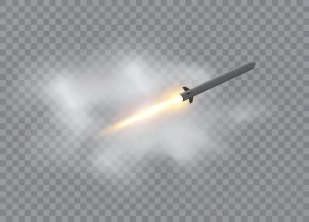 Vector illustration of Realistic flying rocket in motion with the fiery trace. Vector illustration