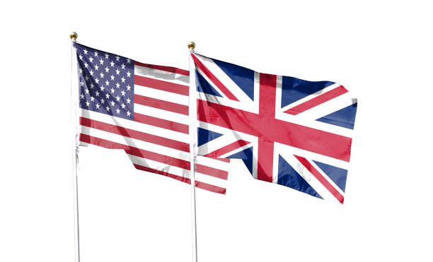 American flag and Australian flag with clipping path isolated on white background. Close up of the waving flag. symbol. Frame with blank space for your text.