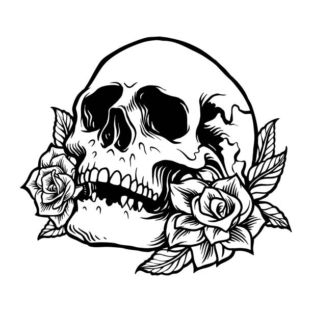 illustrazioni stock, clip art, cartoni animati e icone di tendenza di tatuaggio laterale della silhouette della rosa del teschio - skull tattoo vector flower