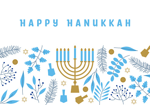 Happy Hanukkah. Celebration with menorah and dreidels, flowers. Blue and white design. Hanukkah religion holiday background with flowers