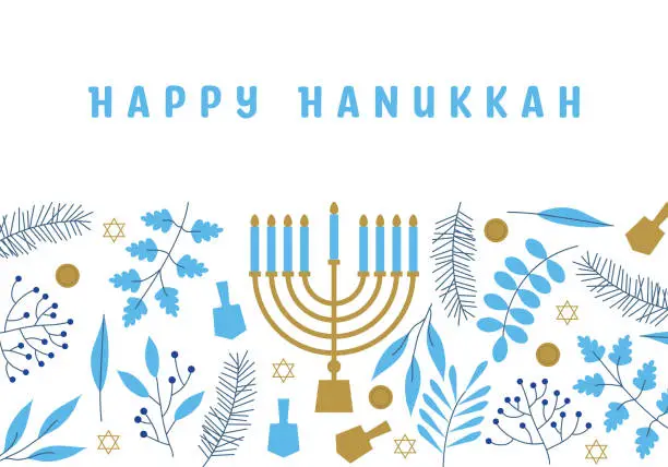 Vector illustration of Happy Hanukkah. Celebration with menorah and dreidels, flowers. Blue and white design. Hanukkah religion holiday background with flowers