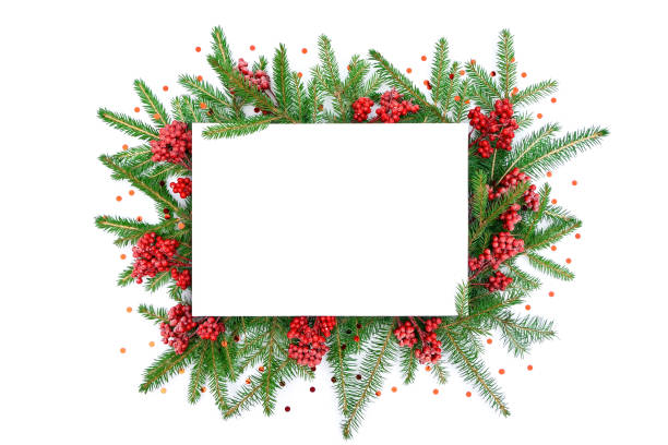 istock Traditional merry christmas frame with copy space in red colors. Christmas background with wreath and blank white paper sheet over for congratulations, posters, invitations, cards. 1434652855