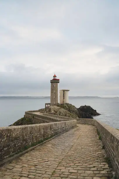 Vertical view  of the lighthouse Phare du petit minou in Plouzane, Brittany, France.