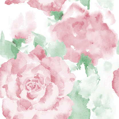 Hand-drawn aquarelle pattern swatch with roses. Watercolor-paper texture effect. Vector.