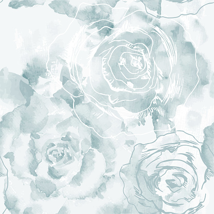 Hand-drawn monochrome aquarelle pattern swatch with roses. Watercolor-paper texture effect. Vector.