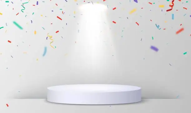 Vector illustration of Empty podium with colorful confetti and light