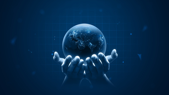 Hand holding global virtual internet world connection of metaverse technology network digital communication and worldwide networking on connect background. Elements of this image furnished by NASA.