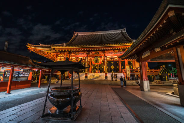 Night scene of Kaminarimon Gate of Sensoji temple. Sensoji temple is the most famous temple in Asakusa, Tokyo prefecture, Japan Tokyo, Japan - NOVEMBER 14, 2019: Night scene of Kaminarimon Gate of Sensoji temple. Sensoji temple is the most famous temple in Asakusa, Tokyo prefecture, Japan sensoji stock pictures, royalty-free photos & images