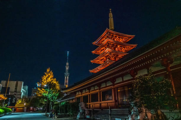 scène de nuit de la porte kaminarimon du temple de sensoji. le temple de sensoji est le temple le plus célèbre d'asakusa, préfecture de tokyo, japon - kaminarimon gate photos et images de collection