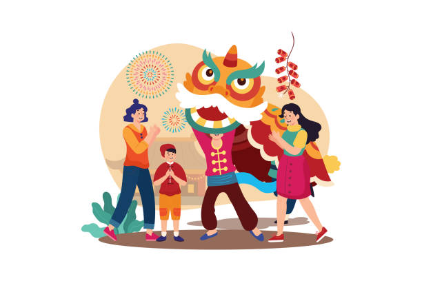 ilustraciones, imágenes clip art, dibujos animados e iconos de stock de concepto de ilustración del año nuevo chino. ilustración plana aislada sobre fondo blanco - greeting chinese new year god coin