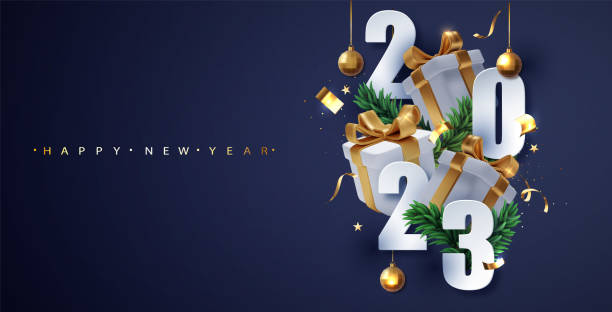 ilustrações de stock, clip art, desenhos animados e ícones de 2023 which 3d realistic gift box. merry christmas and happy new year 2023 greeting card celebrate party 2023. christmas poster, banner, cover card, brochure, flyer, layout design - new years day