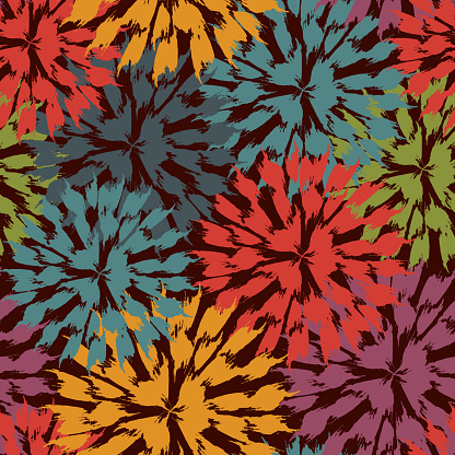 Paint brush floral seamless pattern. Garden flowers, firework, circle motif background. Brushstrokes design print. Freehand artistic ornament. Handdrawn texture. Hand drawn abstract vector wallpaper