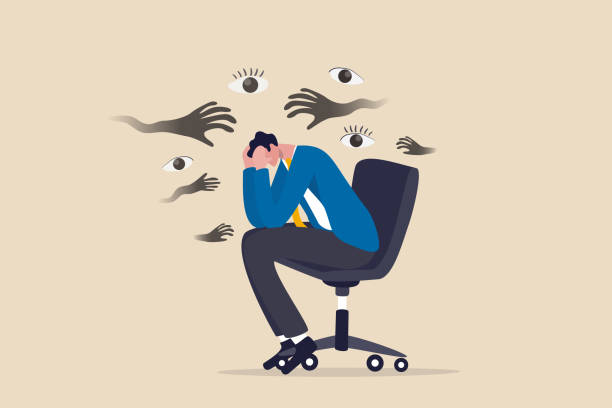 Paranoia, fear and panic cause by mental health, phobia or disorder from mental disorder, depression from stress and anxiety concept, paranoia businessman sitting on a chair with creepy hand and eyes. vector art illustration