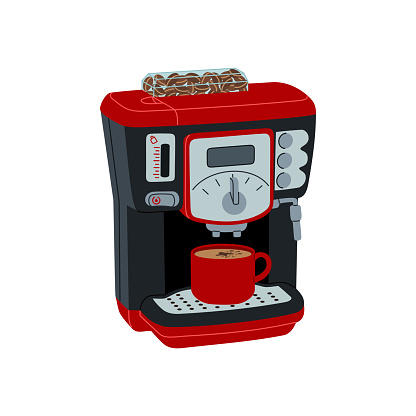 Coffee machine with cup of coffee. Professional equipment for making hot drink. Hand drawn colored vector illustration isolated on white background. Flat style.