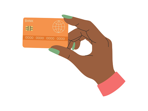 African american woman hand holds a credit card. Cashless payment, virtual money for business, banking. Hand drawn colored vector illustration isolated on white background. Modern flat cartoon style.