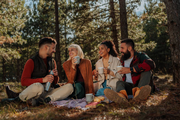 istock Diverse friends on picnic in woods. 1434668675