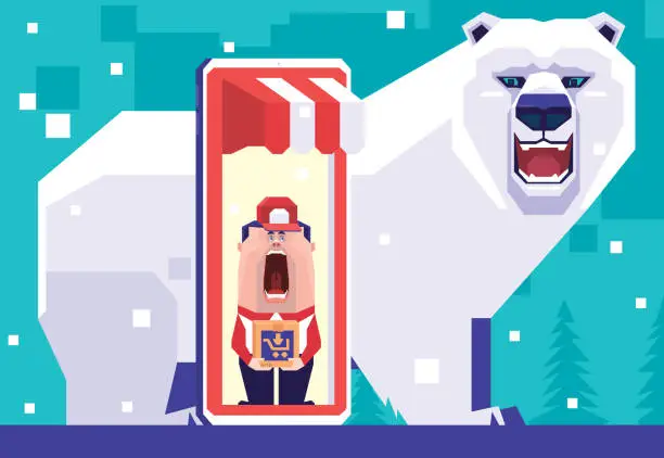 Vector illustration of courier standing on smartphone and screaming while meeting polar bear