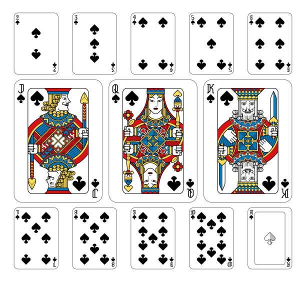 Playing Cards Spades Yellow Red Blue and Black Playing cards spades set in yellow, red, blue and black from a new modern original complete full deck design. Standard poker size. King Size stock illustrations