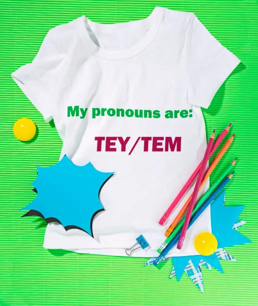 Neo pronouns concept. WHITE T-SHIRT WITH TEXT  my proniuns are tey, tem on a green background