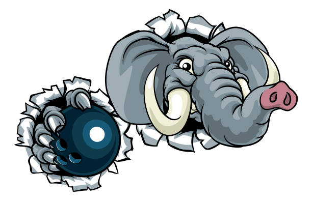 Elephant Bowling Ball Sports Animal Mascot An elephant ten pin bowling sports animal mascot holding a ball and breaking through the background republican elephant logo stock illustrations