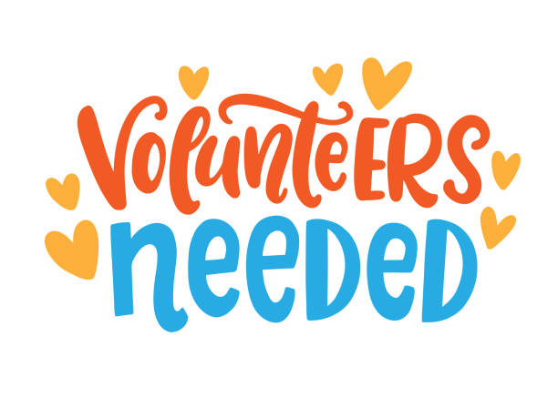 Volunteers Needed. Vector Hand Written Lettering Background Volunteers Needed. Vector Hand Written Lettering Background. Volunteering service sign. Modern calligraphy, isolated on white teamwork slogan stock illustrations