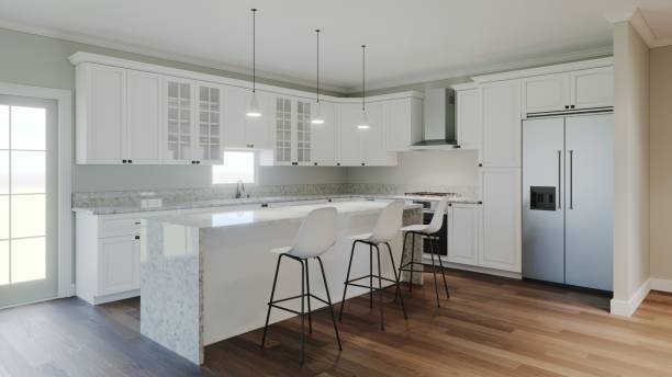 istock 3d rendering of an interior with a white kitchen. The interior is in pastel light colors. New house. 1434671123