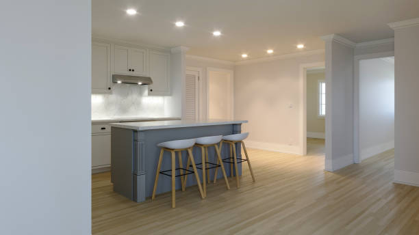 istock 3d rendering of an interior with a white kitchen. The interior is in pastel light colors. New house. 1434671134