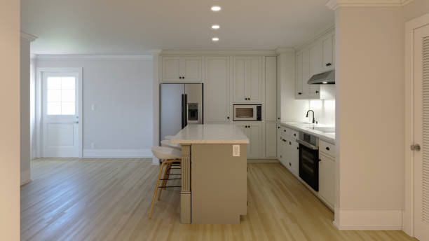 istock 3d rendering of an interior with a white kitchen. The interior is in pastel light colors. New house. 1434671137
