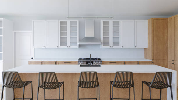 istock Kitchen interior with large island. 3D visualization of a kitchen with a wooden floor. Empty interior. 1434671727