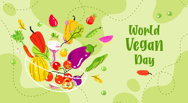 баннер всемирного дня вегетарианства на зеленом фоне. векторная иллюстрация для сообщения в социальных сетях, открытки, баннера, поздравит - vegan food food vegetable vegetarian food stock illustrations