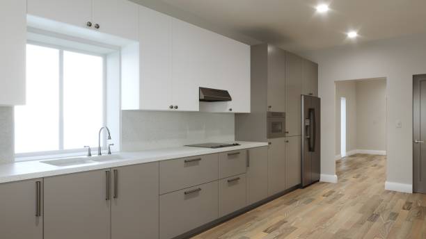 istock Empty kitchen interior. Long kitchen with a large refrigerator and a window over the sink. 3d render 1434672356