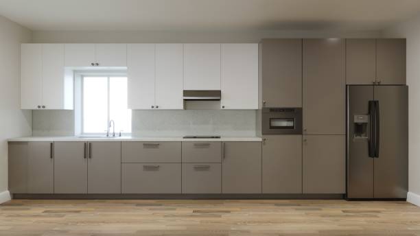 istock Empty kitchen interior. Long kitchen with a large refrigerator and a window over the sink. 3d render 1434672360
