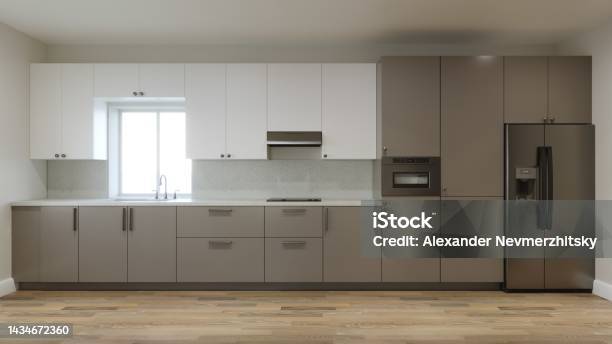 Kitchen Empty 360 Empty Kitchen Interior Long Kitchen With A Large Refrigerator And A ...