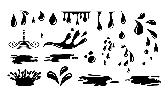 Puddles drops splashing water. Dripping liquid elements, isolated black ink flow. Tears flowing vector silhouettes, oil or rain drips. Illustration of drip puddle