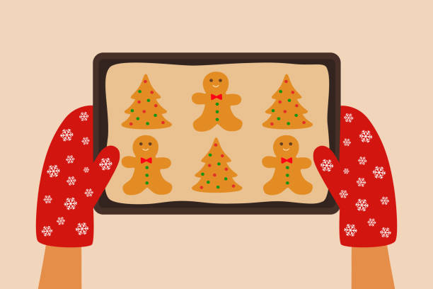 bildbanksillustrationer, clip art samt tecknat material och ikoner med high angle view of hands holding baking tray with christmas gingerbread cookies - bakplåt