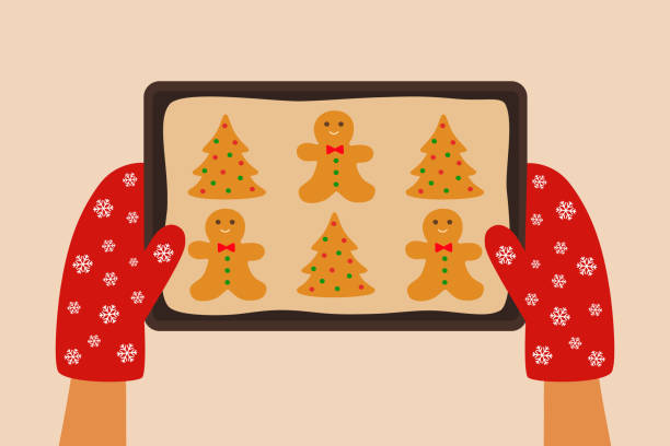 High Angle View Of Hands Holding Baking Tray With Christmas Gingerbread Cookies High Angle View Of Hands Holding Baking Tray With Christmas Gingerbread Cookies holiday cookies stock illustrations