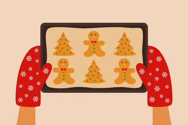 Vector illustration of High Angle View Of Hands Holding Baking Tray With Christmas Gingerbread Cookies