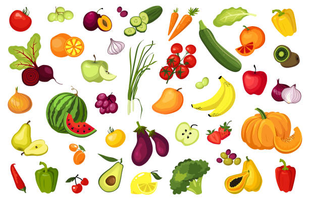 illustrazioni stock, clip art, cartoni animati e icone di tendenza di set di frutta e verdura matura - watermelon melon fruit juice