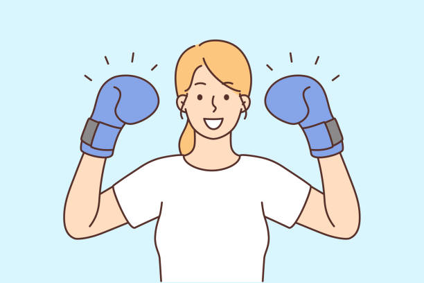 illustrations, cliparts, dessins animés et icônes de femme forte souriante en gants de boxer - women business strength boxing
